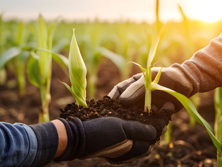 Farmer's hands sharing corn seedlings in the field The sun shone brightly on a beautiful evening.の素材