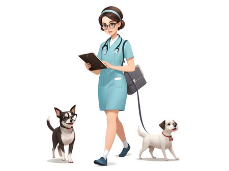 Young female doctor with glasses and short hair, she is walking through a notebook, walking two dogs, clip art illustration, isolated backgroundの素材