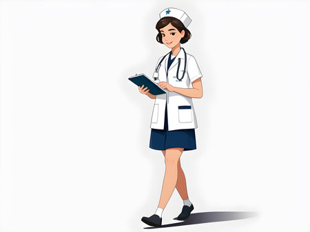 A young female nurse wearing glasses and short hair looks at a notebook. Clip art illustration, isolated backgroundの素材