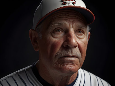 Portrait of a senior baseball player with cap on a black backgroundの素材