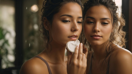 Beautiful young woman applying moisturizing cream on her face in the bathroomの素材