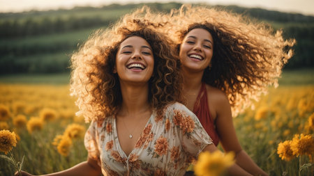 Two young women in the field of sunflowers laughing and having funの素材