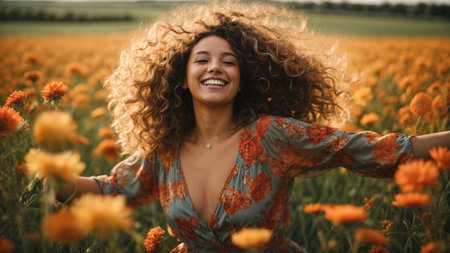 Young beautiful woman with afro curly hair in a field of yellow flowersの素材