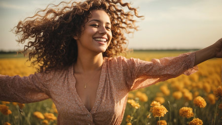 cheerful african american woman with curly hair in blooming fieldの素材