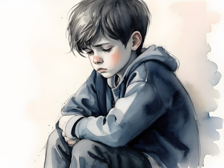 A boy with a sad expression on his face. Digital painting.の素材