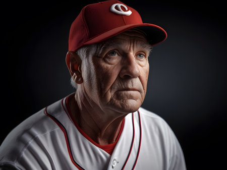 Portrait of a senior baseball player. Studio shot against black background.の素材