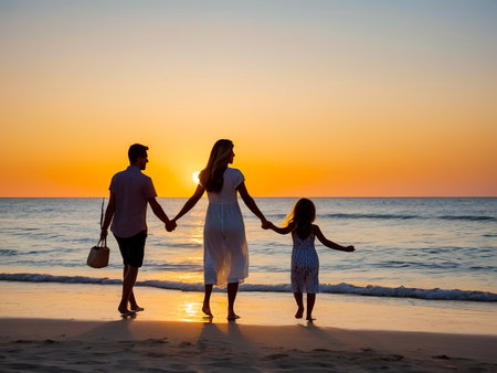 happy family with little daughter walking on beach at beautiful sunset in summerの素材