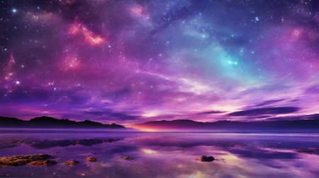 Night sky with stars and milky way over the sea and mountainの素材