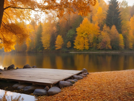 Autumn landscape with lake and wooden pier in the forest at sunsetの素材