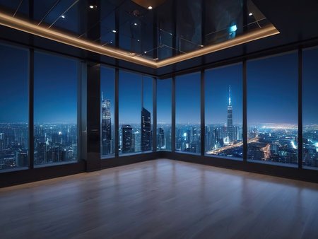 empty room with panoramic window and modern cityscape at nightの素材