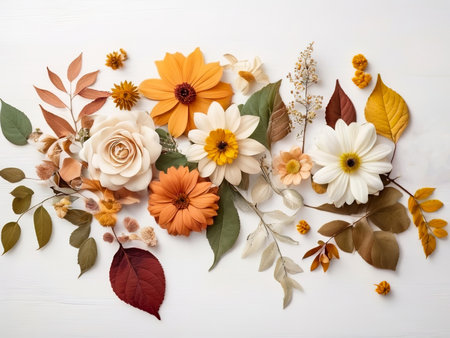 Flowers composition on a white wooden background. Flat lay, top view.の素材