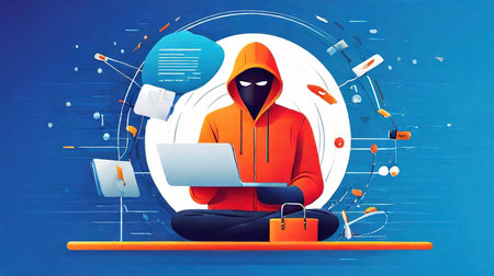 Cyber attack concept. Man in hoodie sitting on the floor with laptop. Online attack. Vector illustration.の素材