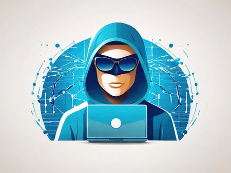 Hacker with a laptop on a white background. Vector illustration.の素材