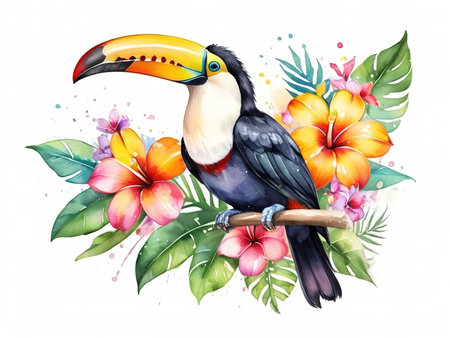 Toucan with flowers and leaves isolated on white background. Watercolor illustration.の素材