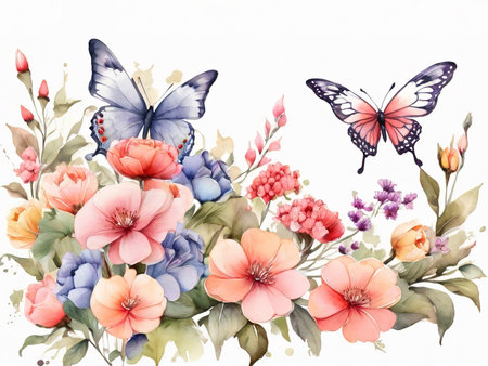 Watercolor floral background with flowers, leaves and butterflies. Illustrationの素材