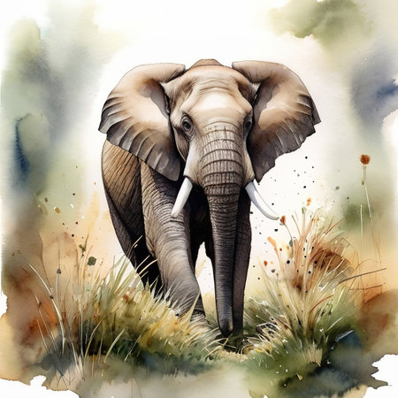 Watercolor illustration of an elephant in the savannah. Hand drawn imageの素材