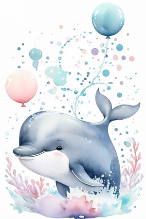 Watercolor cute whale with balloons on a white background. Watercolor illustration.の素材