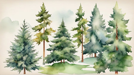 Watercolor winter landscape with coniferous forest. Hand drawn illustrationの素材