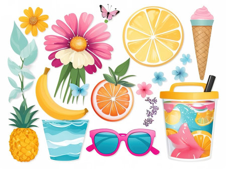 Set of summer icons with fruits, ice cream, sunglasses and flowers. Vector illustrationの素材