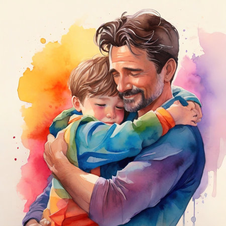 Father and son hugging each other on a colorful watercolor background.の素材