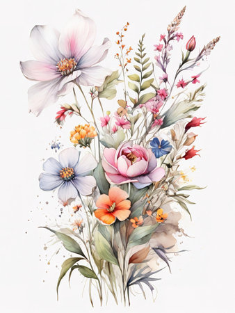 Watercolor bouquet of spring flowers on white background. Illustrationの素材
