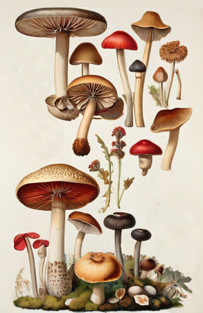 Mushrooms of different sizes and shapes on a white background.の素材