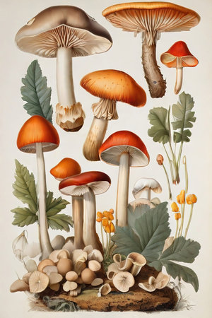 Mushrooms in a forest. Illustration in old color image style.の素材