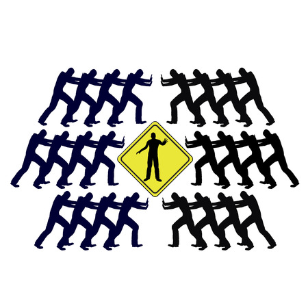 Conflict solving through mediation  Mediator arbitrages an escalating conflict between two opposing groupsの写真素材