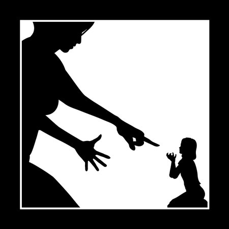 Emotional Abuse. Concept sign of mother who is intimidating and humiliating her childの写真素材
