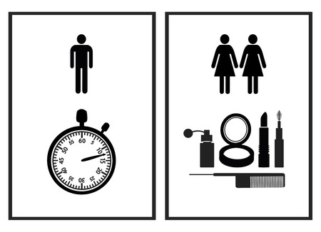 Funny Restroom Sign. Women are using restrooms to beautify Themselves Accompanied By girlfriends, while men try to finish up as quick as possibleの写真素材