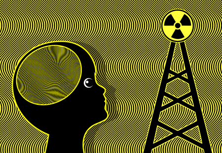 Child exposed to radiation. Electromagnetic waves of cellular phone towers affect the brain of kids and teensの写真素材
