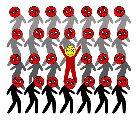 Optimist among pessimists. One person with an optimistic worldview compared to the rest of people, who are pessimisticの写真素材