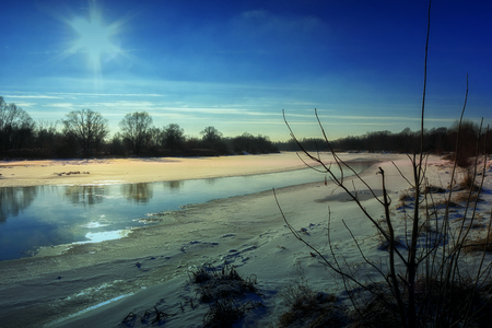 Magnificent views of the misty river through reeds. Central Russia.の写真素材