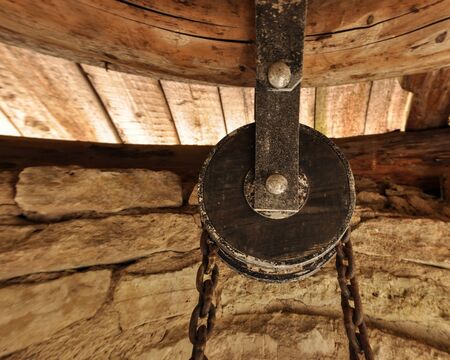 A fragment of a load-lifting mechanism suspended from the ceiling.の写真素材