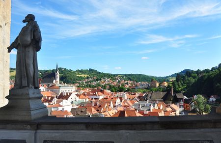 Cesky Krumlov, Czech republic - July 9, 2015: View of Cesky Krumlov with a statue of some saint man in leftのeditorial素材