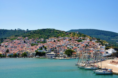 Skopelos island, Sporades, Greece â June 25, 2016: View of Skopelos from seaのeditorial素材