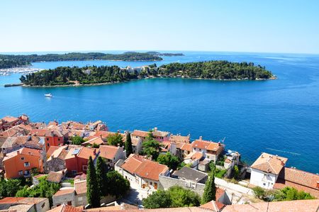 Rovinj town - coastline seascape panorama summer horizontal photo from bell tower Church of St.Euphemia, Croatiaの写真素材