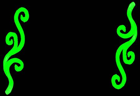Unique black background with glowing bright neon green spiral curly design elementsの写真素材