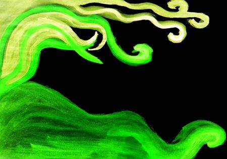 Watercolor glowing lighting isolated neon green painting in black spaceの写真素材