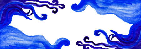 Mirror long framed watercolor drawn bright blue and white backgroundの写真素材