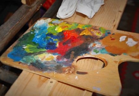 Painters palette with mixed oil paint colorsの写真素材