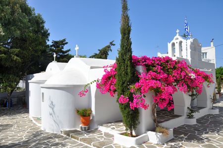 Greek white church in Drios town, Alonissos islandの写真素材