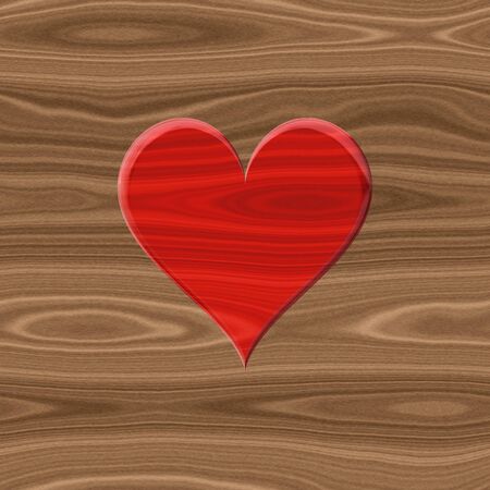 Bright red wooden heart 3d image on woodの写真素材