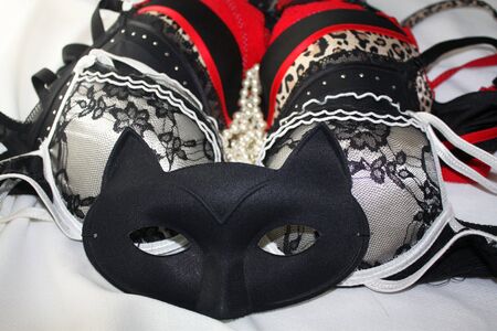Black mysterious female ball mask and lacy bras erotic lingerieの写真素材