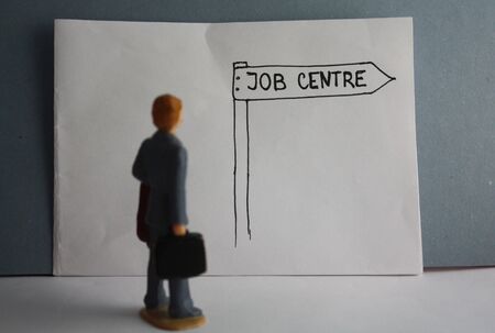 Job centre handdrawn guidance arrow, visit a job center, unemployed miniature man.の写真素材