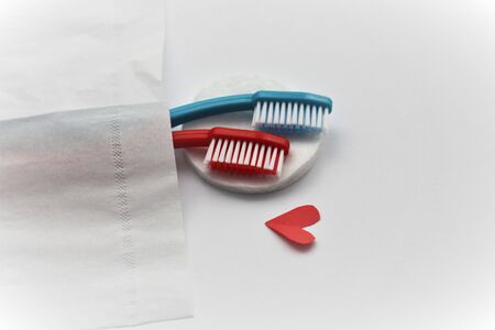 A couple in bed concept. Two toothbrushes laying in bed and are in love.の写真素材