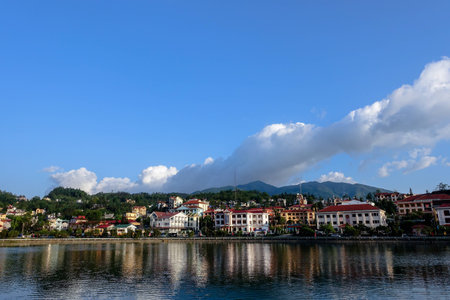 Sapa city along the lake in the morningの写真素材