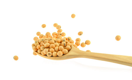 soybean in wood spoon, isolated on white