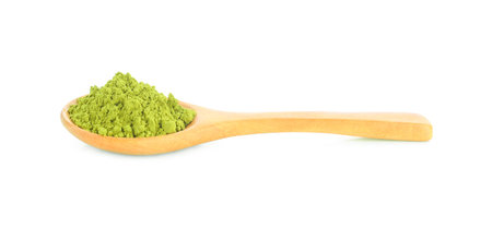 powdered matcha green tea in wooden spoon isolated on white background