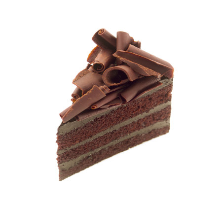 Chocolate cake slice with curl on white backgroundの写真素材